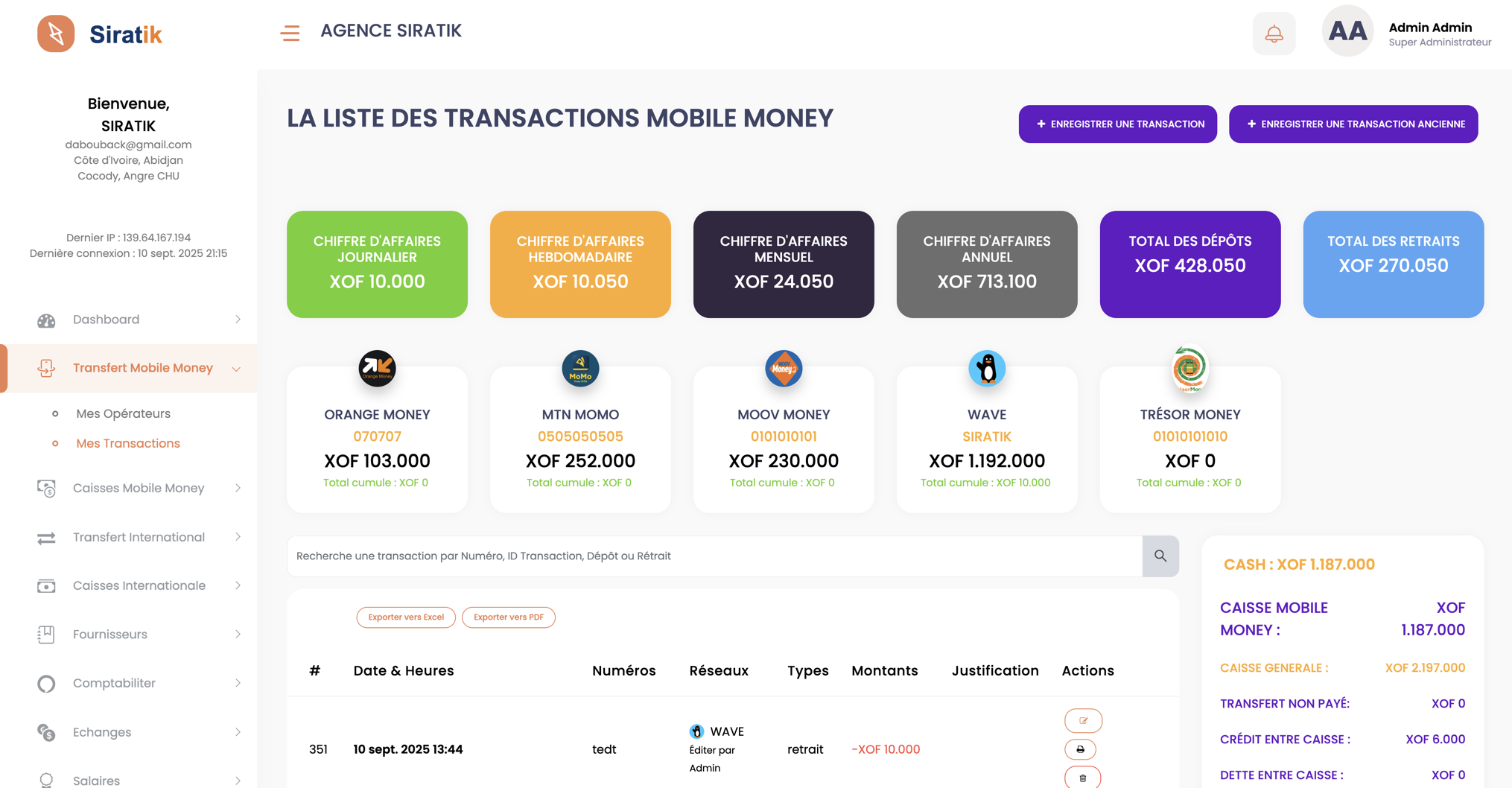 Liste des transactions